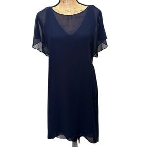 Adrianna Papell Chiffon Overlay A-Line Dress Handkerchief‎ Hem Navy Size Small